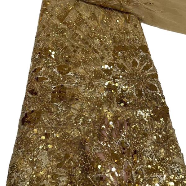 Latest fashionable aso ebi beaded lace wedding dress with shiny beaded French mesh lace with colorful beaded