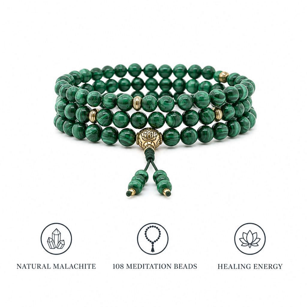 108 Beads Mala Bracelet Malachite - Natural Stone Prayer Beads Meditation Necklace, Handmade Buddhist Taoist Rosary with Tassel, Energy Healing Gift