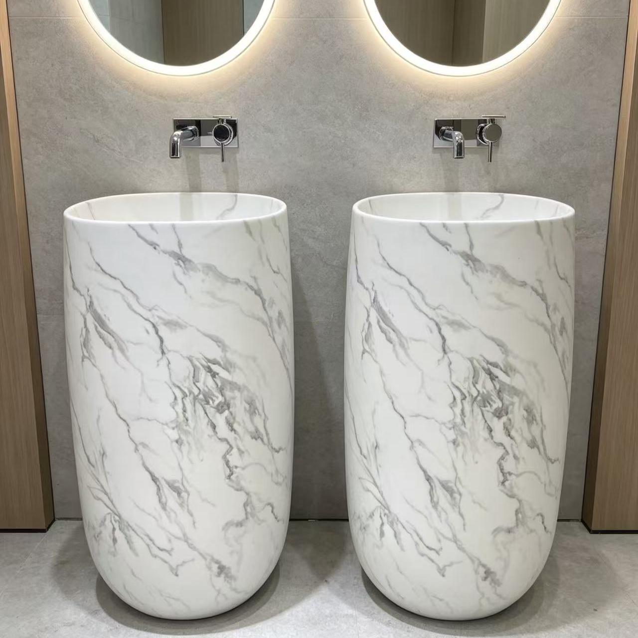 ODM White Oval Bathroom Pedestal Basin Artificial Stone Solid Surface Freestanding Sink
