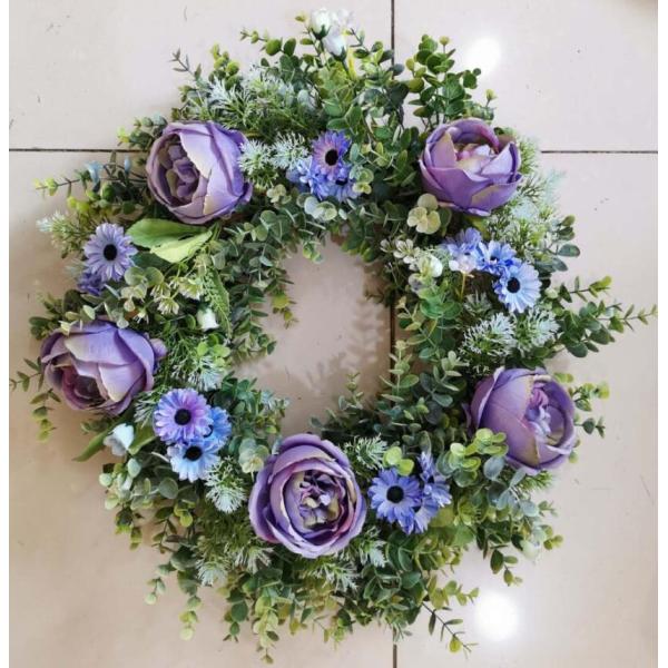 Artificial 55cm Purple Blue Rose Chrysanthemum Wreath With Green Leaves