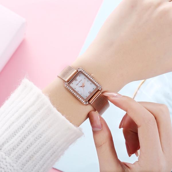 Square SS Mesh Strap Ladies Quartz Watch OEM Rhinestone Rose Gold Waterproof