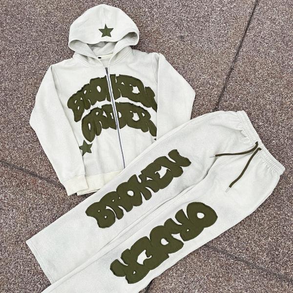 Vintage Distressed Patch Aplique Embroidery Hoodie Set com opções de cores personalizáveis