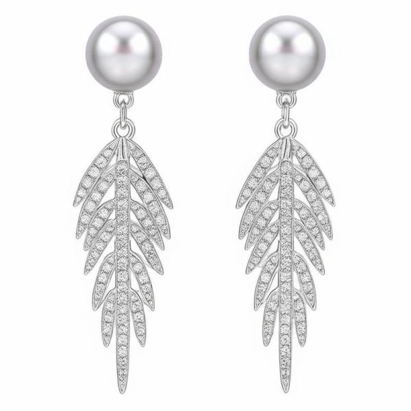 18K High End Gold Earrings Feather Pearl Earrings With Full Diamonds
