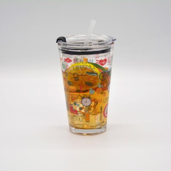 Copo de vidro decorado do chá de gelo da pinta com tampa e silicato Straw Cocktail Tumbler Drinking Glasses
