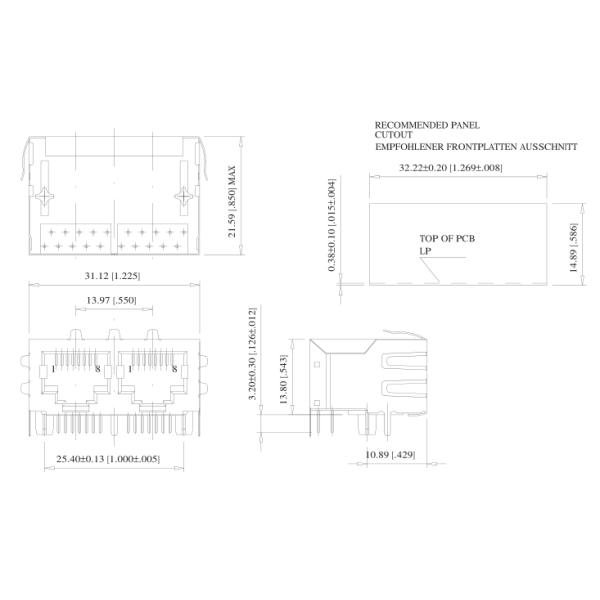 JACK MJIM 8C10T 1X2 MOD Erni 203218 ИНТЕГРИРОВАЛ jack двойного порта MAGNETICS Rj45