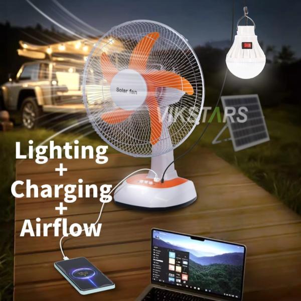 For Camping Emergency Solar Powered Table Fan 16 Inches Energy Saving With Bulbs