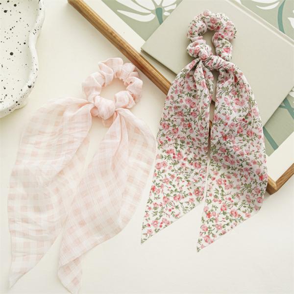 Spring summer fresh floral temperament streamer hairband girl head rope check large hair band leather band headdress