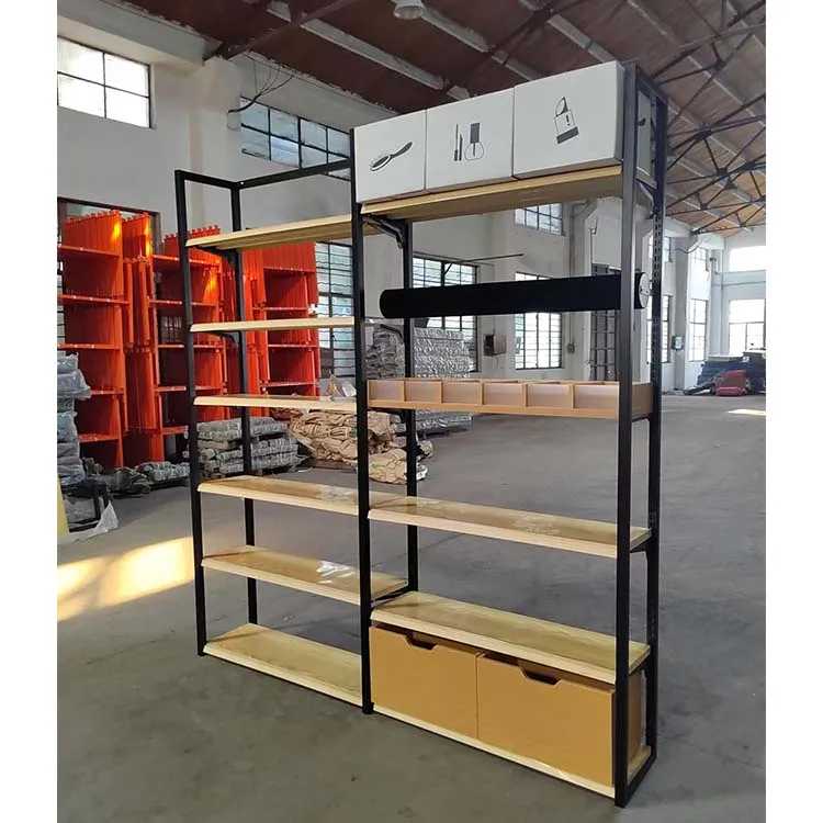 Настраиваемый цвет деревянная гондола полки металл тяжелая работа для розничного магазина