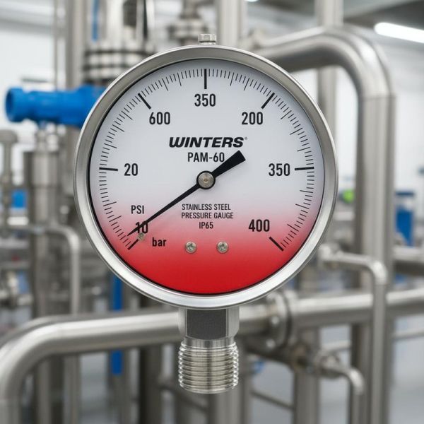 WINTERS PAM-60 Stainless Steel Ammonia Pressure Gauge with IP65 Protection and 160mm Dial Size for Industrial Use