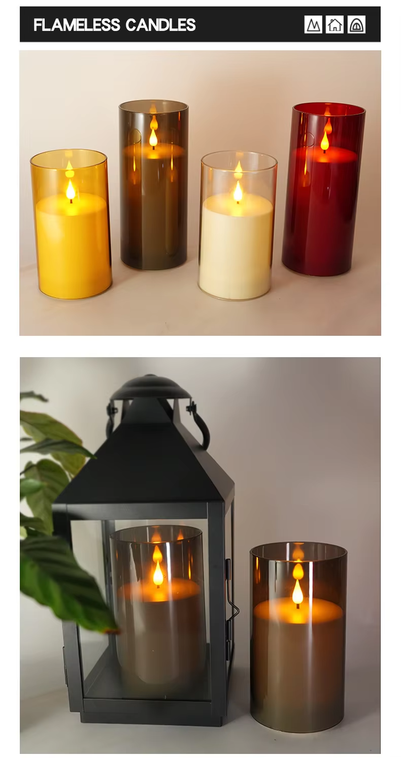 Acrylic Flickering Flameless Candles Set Remote Control Decorative Electric LED Light Pillar Pattern for Home Decoration