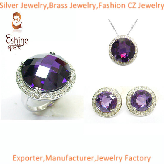 Wholesale Brass big stone design Amethyst CZ Jewelry Set with clear CZ & white rhodium
