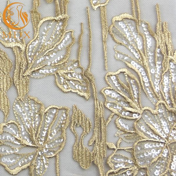 Чувствительные Sequins сетки ткани шнурка вышивки цвета золота MDX для платья мантии