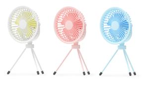 ETEK 3-in-1 ポータブルファン (ピンク/ブルー/ホワイト)、2000mAhバッテリー (4時間充電)、ABS+PP+スチール素材、三脚/吊り下げ/手