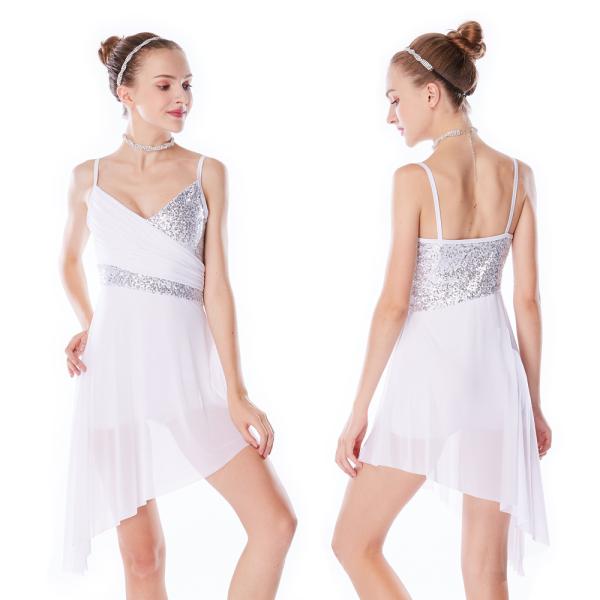 Navy Blue Lyrical Dance Competition Costumes Sequin V-Neck Knee Length High-Low Dress