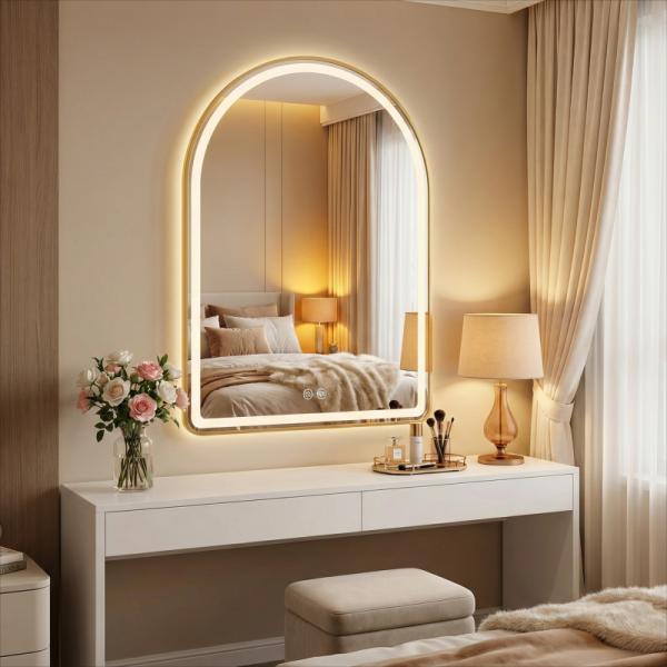 Modern LED Bathroom Mirror Golden Metal Wall Half Circle Arch Illuminated Bedroom Wide Arched Makeup Mirror for Villa Hotel Use