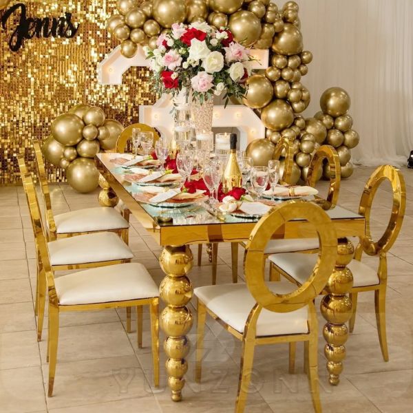 Modern Luxury Rectangle Wedding and Dining Table with Stainless Steel Balls Legs for Hotels and Halls