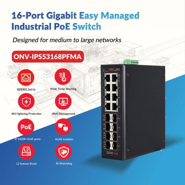 16 Port Gigabit Easy Managed Industrial PoE Switch With IEEE802.3af/At PoE Standard