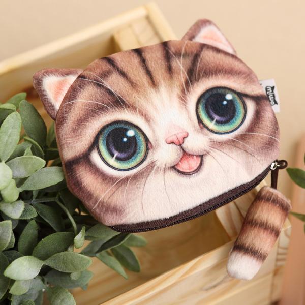 Customized Color Plush Make-up Bag with 3D Cat Coin Purse and Animal Print Tail Zipper