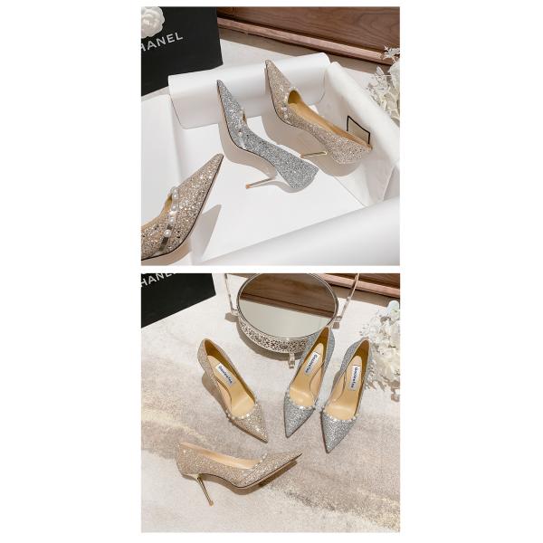 Spring Ladies Wedding Pumps , Sheepskin Golden Shiny Pearl Crystal Shoes