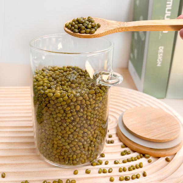 Food Round Glass Bamboo Jars with Lid and Spoon Candy Spices Coffee Beans Nuts Cookies