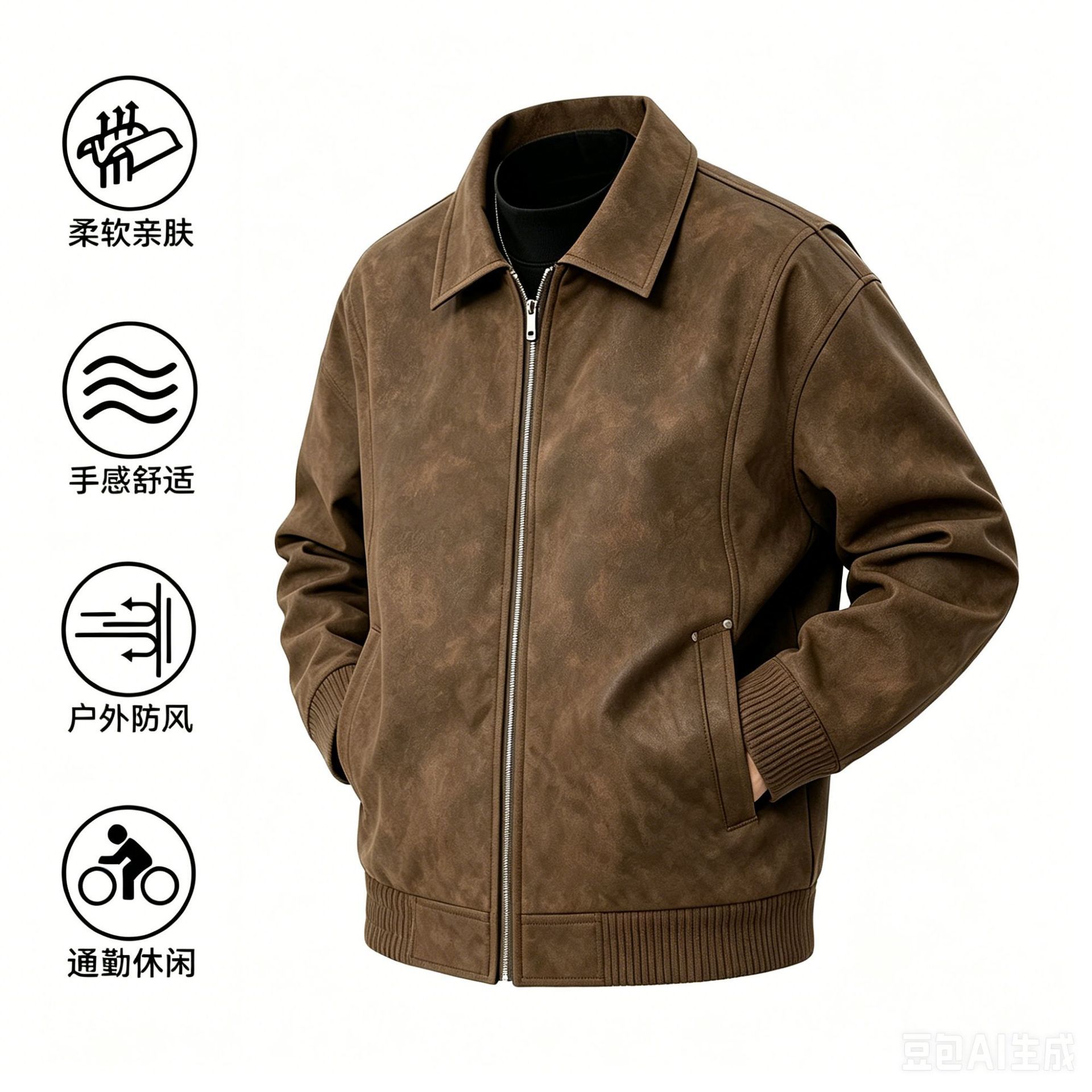 Men’s Suede-Look Zip-Up Casual Jacket with Full Front Zipper and Vintage-Inspired Design