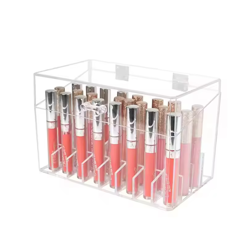 Factory Direct Sale Transparent Dust Proof Partition Acrylic Makeup Tools Storage Box  Lipstick Display Stand with Flip up Lid