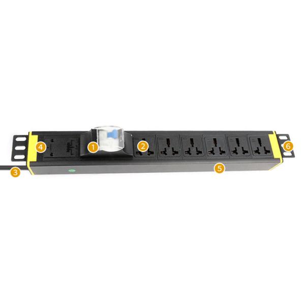 1U 6 way Cabinet PDU with Earth Leakage protection 250V, 16A Universal