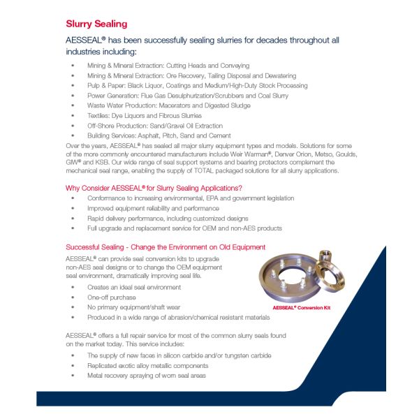 EPR FFKM Slurry Pump Mechanical Seal AESSEAL FGDSS Aes Mechanical Seals