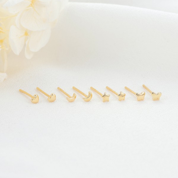 Wholesale 14K Gold Plated Brass Fashion Small Stud Earring in Star Butterfly Heart and Moon Shapes Jewelry Earrings
