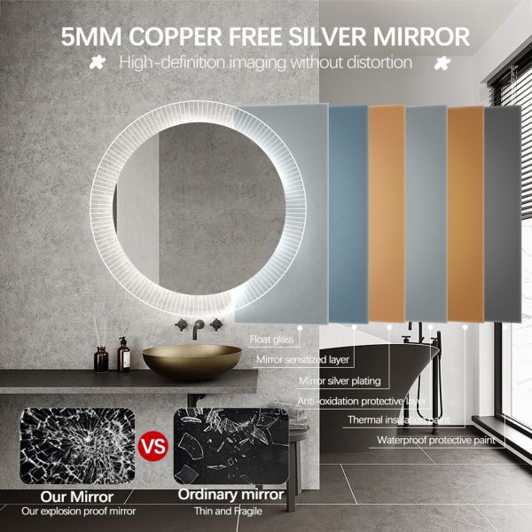 Luxury Striped Acrylic Round LED Framed Mirror High Brightness Decorative Wall Mirror