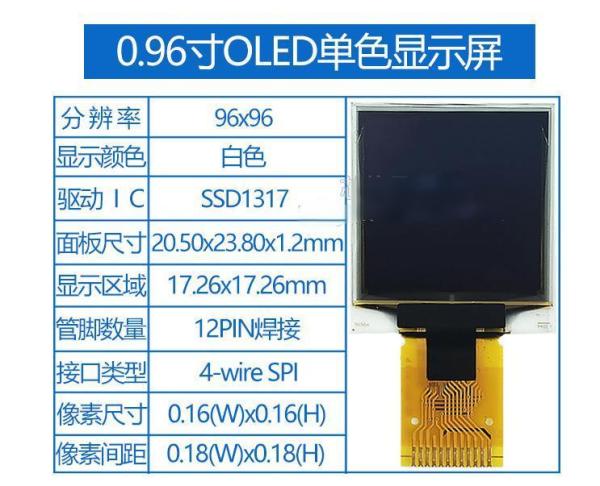 Square 0.96 Inch OLED Display 96x96 Resolution 12PIN SSD1317 Driver Serial Port Screen