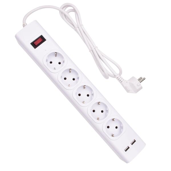 5 outlet CE GS Tested Power Strip 1.5m Cord with Switch, 2USB, Surge Protector