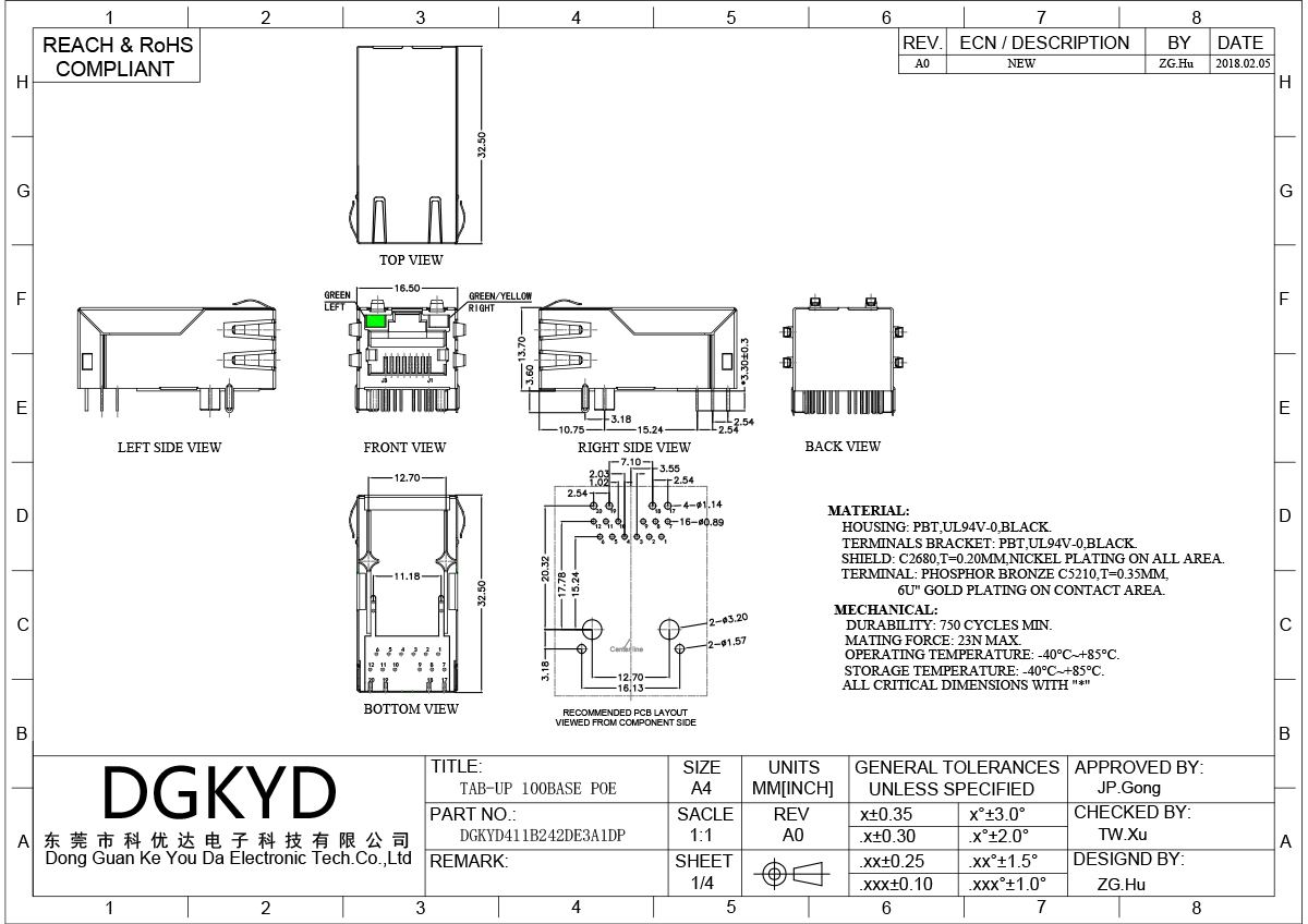 Shielded RJ45 Modular Jack with Integrated Ethernet Filter for 100Mbps Network Applications