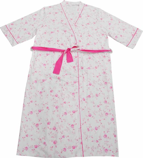 Ladies Cotton Jersey Pink Floral Printed Bath Robe Kimono Wrap Red Piping 3/4 Sleeve