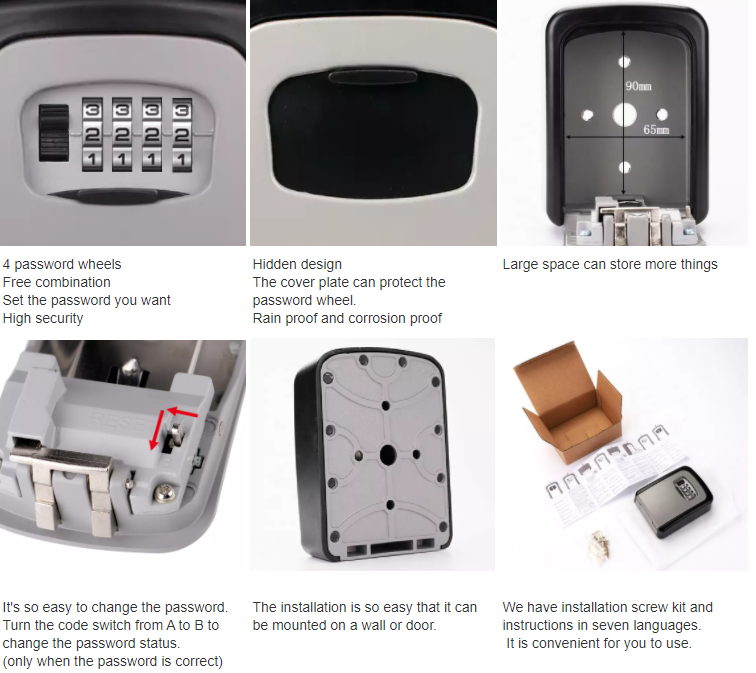 Outdoor 4 Digits Key Security Lock Box Wall Mounted Combination Key Storage