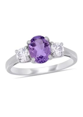 Amatista cortada oval y anillo blanco creado del zafiro 3-Stone en Sterling Silver