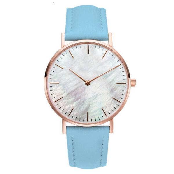 Colorful MOP Dial Leather Strap Quartz Watch Womens Ultra Thin Design Case