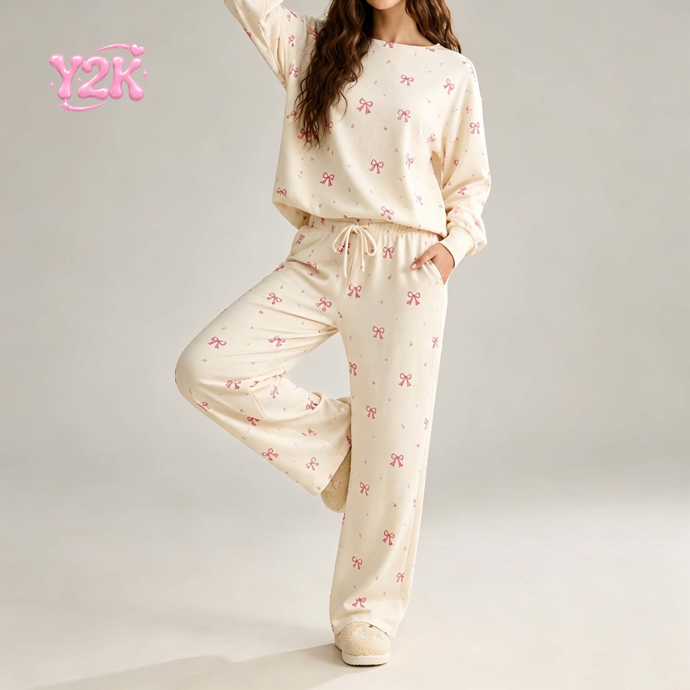 Custom Women's Holiday Print Crewneck Jogger Pajama Set