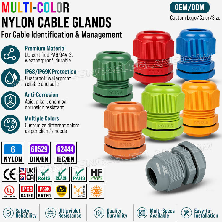 Manufacturer of colored cable glands & provider of OEM cable management solution in China Colored Cable Glands, Nylon 6 (Polyamide 6, PA6), PG13.5 (6-12mm & 5-9mm), IP68/IP69K, for Visual Identification & Cable organization