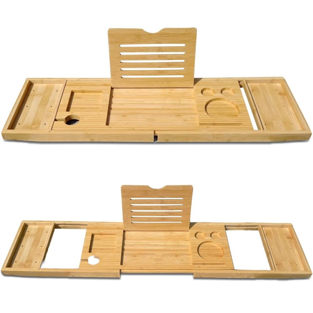 Expandable Bamboo Bathtub Caddy with Safe Holders and Durable Design