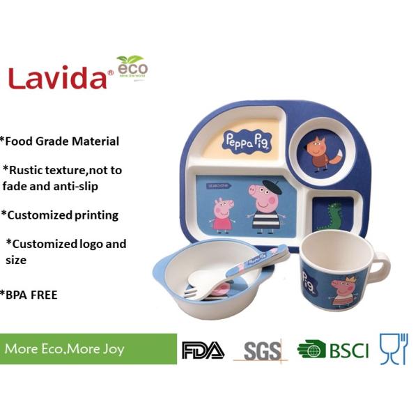 Food Safe Bamboo Kids Dishes Fiber Childrens Tableware Set Mug Spoon / Fork For School