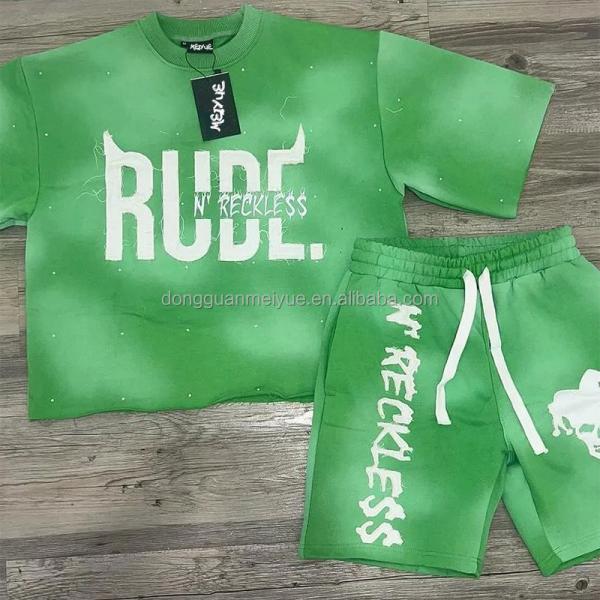 Applique d'été brodée patch de détresse Hoodie lavage à l'acide Shorts vintage T-shirt ensemble de 2 pièces court ensemble pour hommes Logo personnalisé