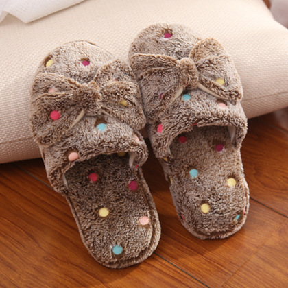 Lovely Winter Indoor Slippers , Bow Plush Slides Girls Winter Slippers