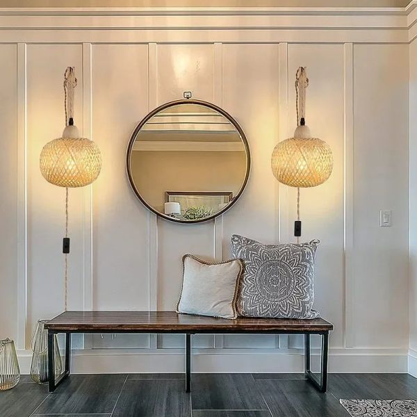 Natural Rattan Wicker Hand-Woven  Bamboo Lantern Wall Lamp with plug  (WH-VR-136)