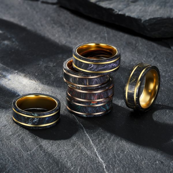 New Arrival Black Forged Carbon Fiber Ring with Mixed Red Foil Plated 14K Yellow Gold Ring