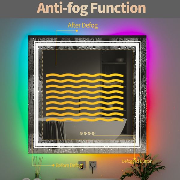 Modern Luxury Rectangular Anti-Fog LED Backlit Frameless Bathroom Mirror IP44 Rated RGB Color Changing Touch Screen Feature