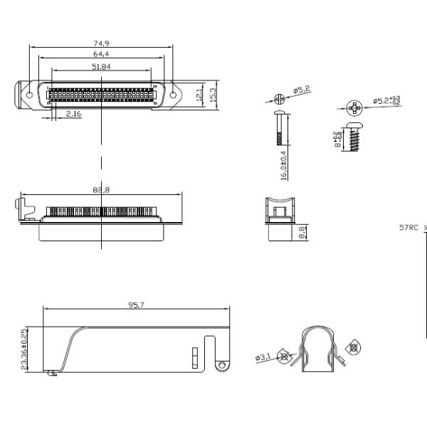 DDK Centronic Champ Plug Ribbon Cable Connector , Solder Type Contacts with L Shape metal hood
