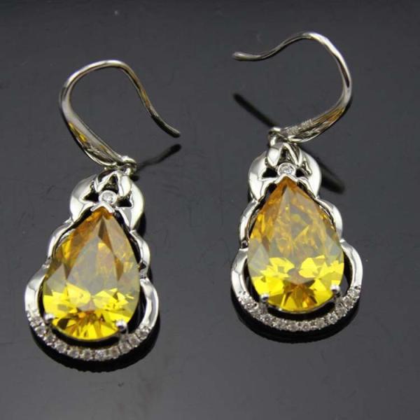 925 Silver  Pear Shaped Yellow Citrine Cubic Zirconia Dangle Drop Earrings(PSJ04034)