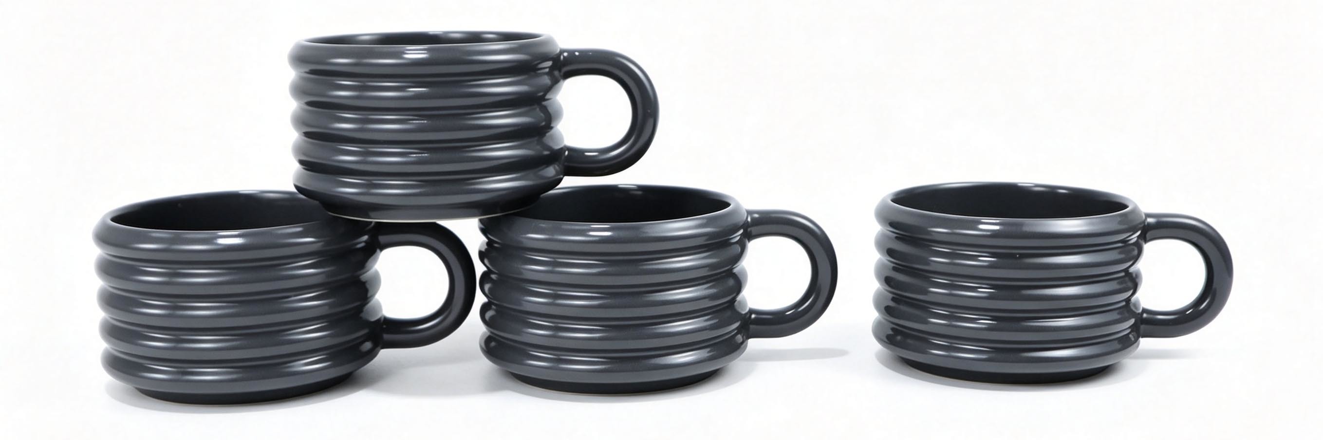 Dark Grey Ribbed Short Ceramic Mug Set of 4, Wide‑Body Grooved Coffee Cups with Chunky Handle