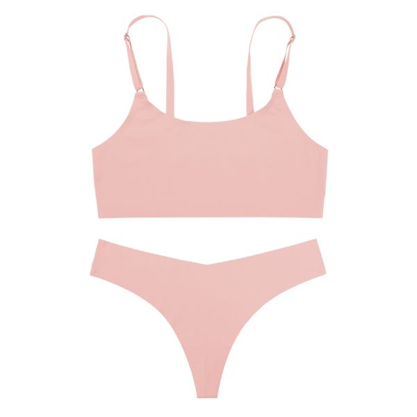 High Quality Women Seamless Bra Thong Set Wire Free Bra Solid Color Underwear Set for Ladies